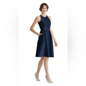 Alfred Sung High-Neck Satin Cocktail Dress With Pockets - D769 in Midnighy Navy